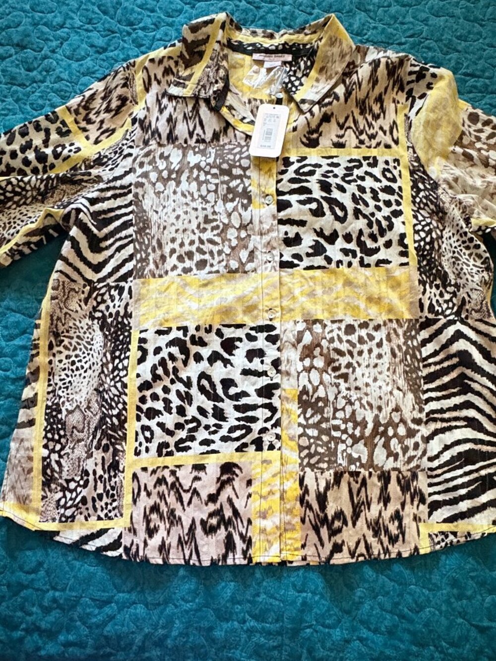 Allison Daley Animal Print Patchwork Botton Up Blouse Size 1X. NWT
